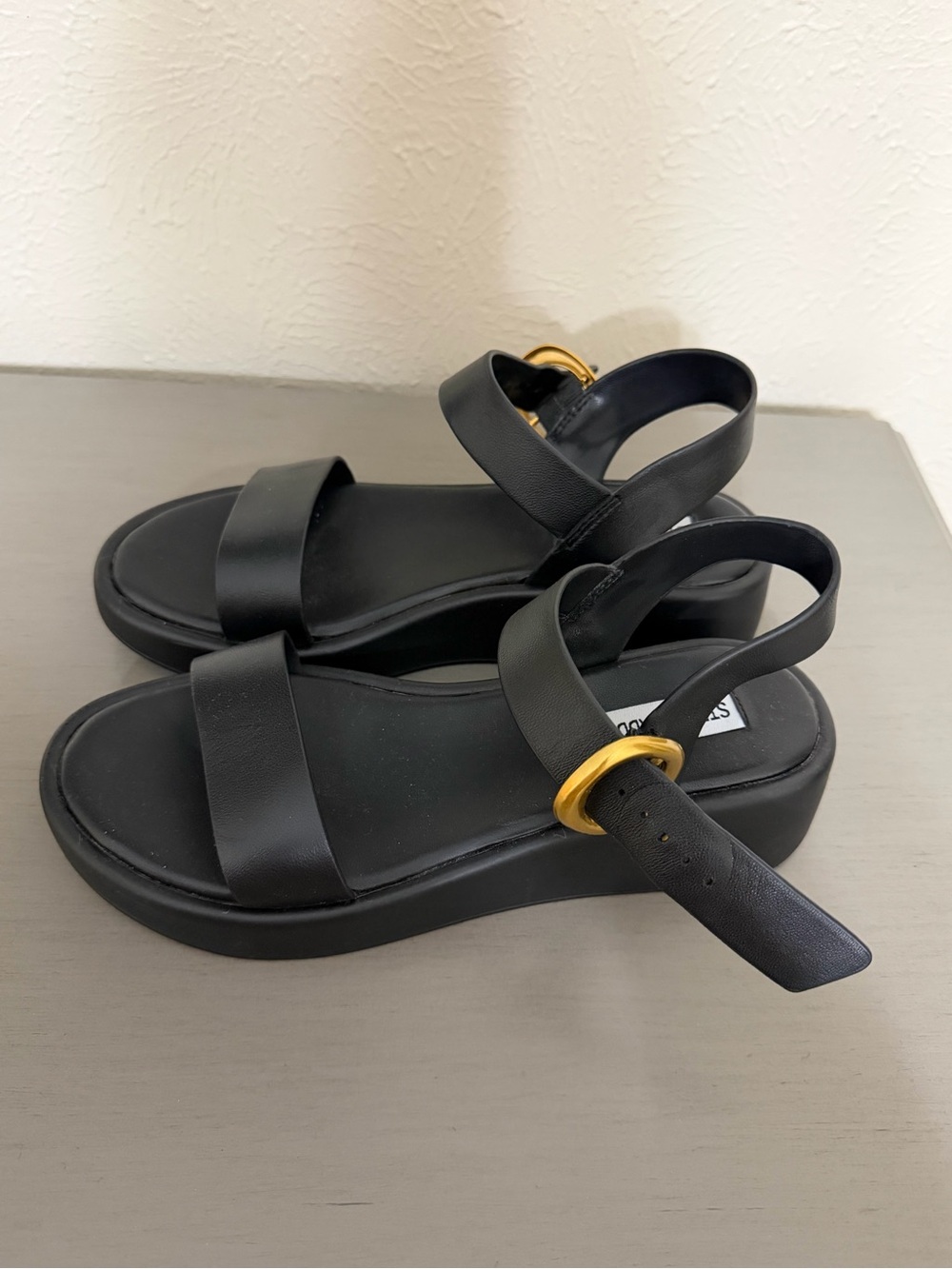 Steve Madden Black Sandals with Gold Ring Accent